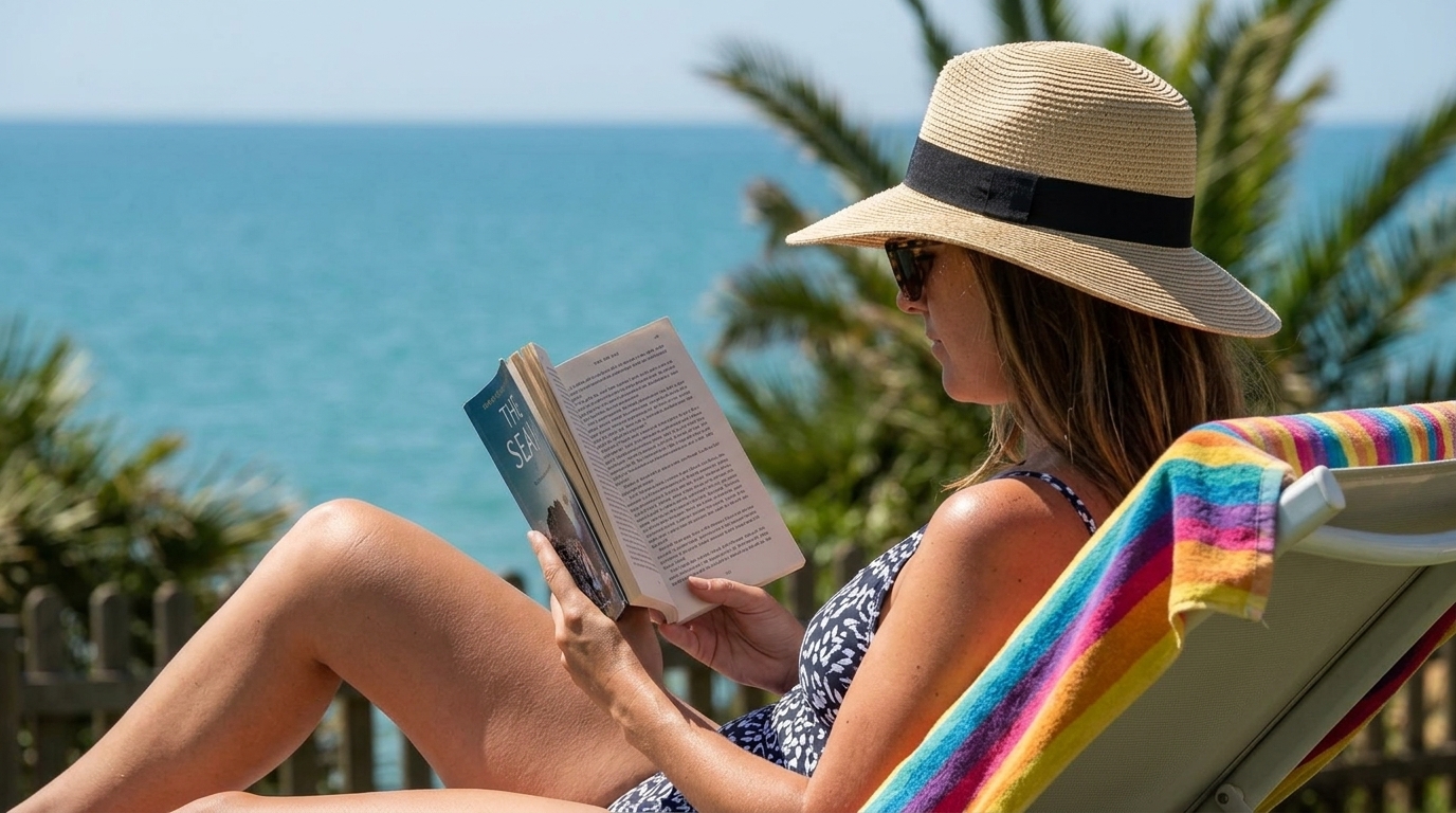 Relaxing pool area surrounded by palm trees