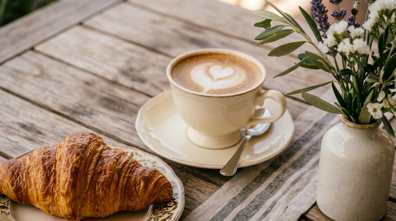Desayuno con croissant, café y productos frescos